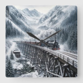  trein op een bergvallei Trestle Vierkante Klok (Voorkant)