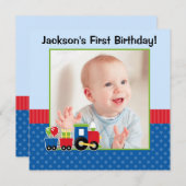 Trein Polka Dot 1e Verjaardag Jongen Foto Kaart (Voorkant / Achterkant)