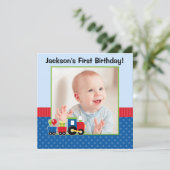Trein Polka Dot 1e Verjaardag Jongen Foto Kaart (Staand voorkant)