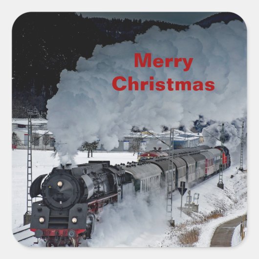 Trein Stoom Locomotief Sneeuw Foto Kerstmis Vierkante Sticker (Voorkant)