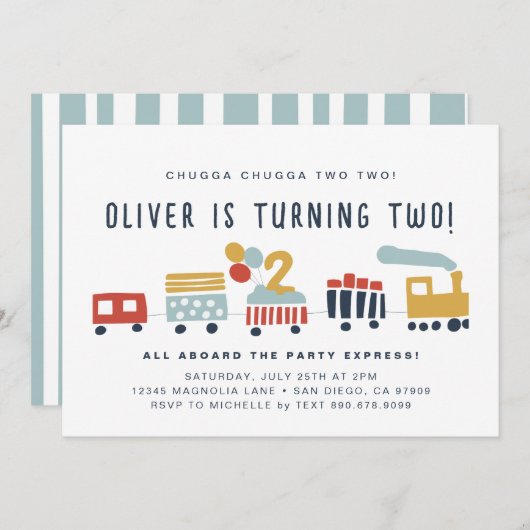 Trein uitnodigen · Chugga Chugga twee · 2 jaar oud Kaart (Voorkant / Achterkant)