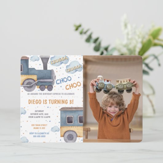 Trein Verjaardag Foto uitnodigingen (Staand voorkant)