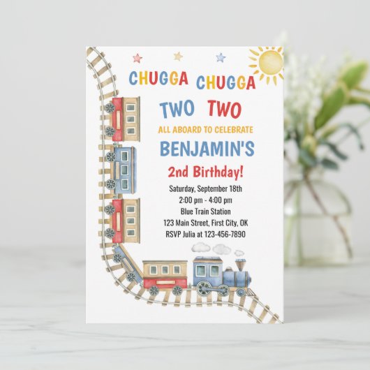 Trein Verjaardag uitnodiging Chugga Choo Boy Blauw (Staand voorkant)