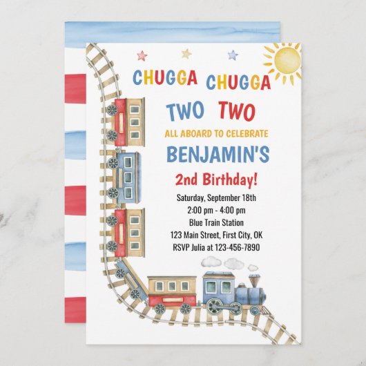 Trein Verjaardag uitnodiging Chugga Choo Boy Blauw (Voorkant / Achterkant)
