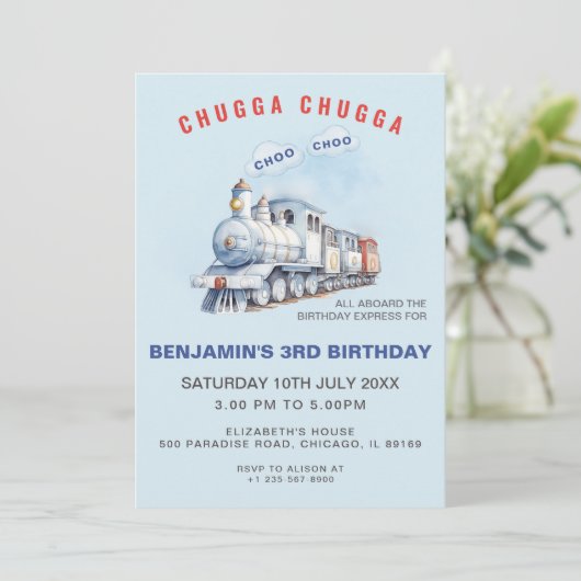 Trein Verjaardag uitnodiging Chugga Chugga Choo Ch (Staand voorkant)