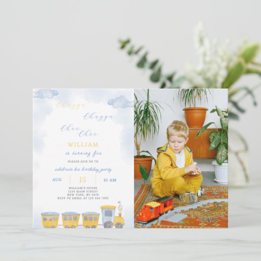 Trein Verjaardag uitnodiging met foto (Staand voorkant)