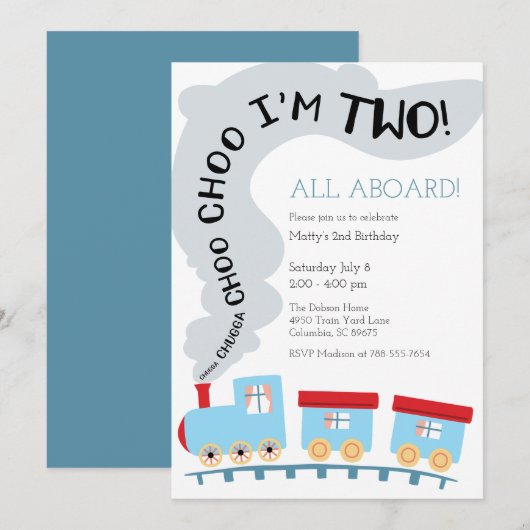 Trein Verjaardag Uitnodiging, Trein 2e Verjaardag Kaart (Voorkant / Achterkant)
