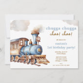 Trein verjaardagsfeestje  blauw jongetje kaart (Voorkant)