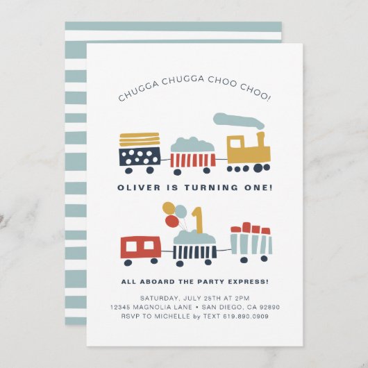 Trein Verjaardagsfeestuitnodiging · Leeftijd 1 Kaart (Voorkant / Achterkant)