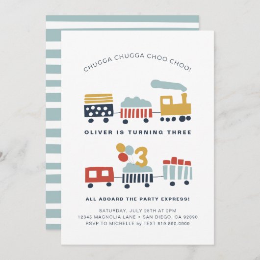 Trein Verjaardagsfeestuitnodiging · Leeftijd 3 Kaart (Voorkant / Achterkant)