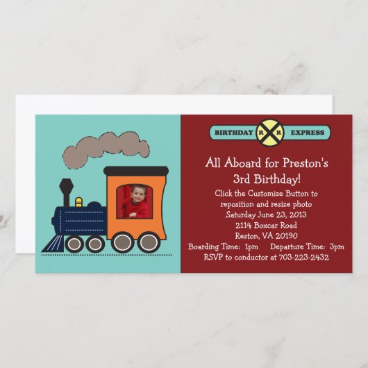 Trein Verjaardagsfoto Uitnodiging - Rood/Blauw (Voorkant / Achterkant)