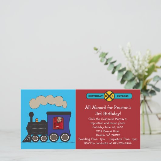 Trein verjaardagsuitnodiging met foto (Staand voorkant)