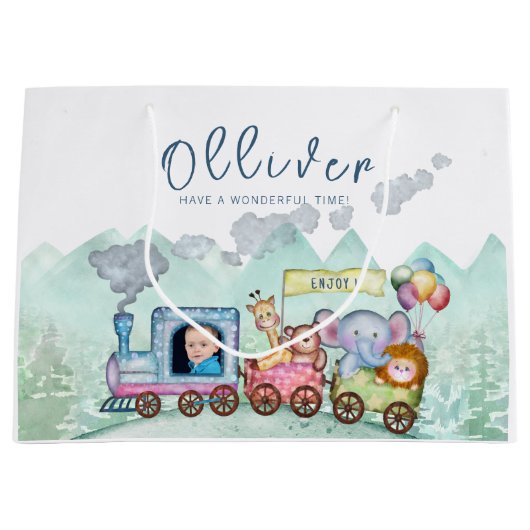  Trein Vervoer Verjaardag Waterverf foto Groot Cadeauzakje (Voorkant)