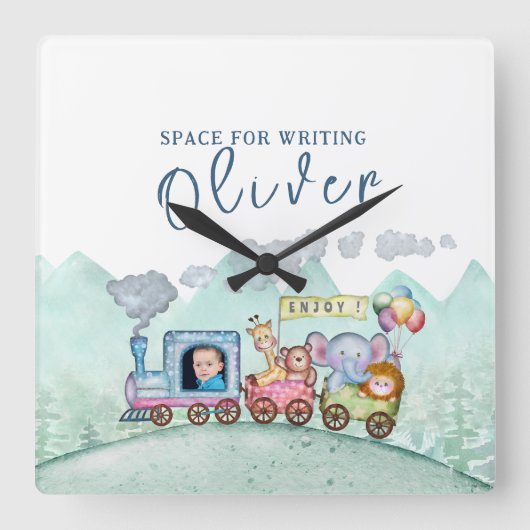  Trein Vervoer Verjaardag Waterverf foto Vierkante Klok (Voorkant)
