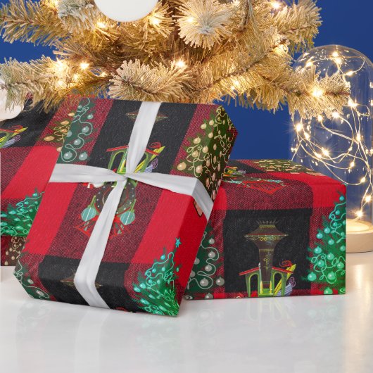 Treinen en kerstbomen op Plaid Zwart Rood Cadeaupapier (Feestdagen)