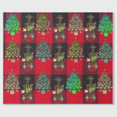 Treinen en kerstbomen op Plaid Zwart Rood Cadeaupapier (Vlak)