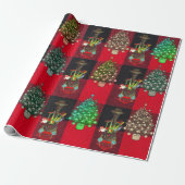 Treinen en kerstbomen op Plaid Zwart Rood Cadeaupapier (Uitgerold)