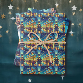  treinen op een besneeuwde nacht inpakpapier vel