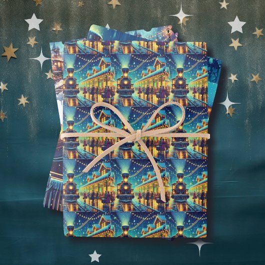  treinen op een besneeuwde nacht inpakpapier vel