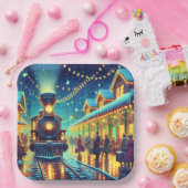  treinen op een besneeuwde nacht papieren bordje (Feest)