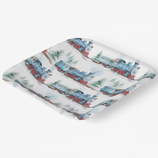 Treinen Verjaardagsfeest Waterverf Blauw Papieren Bordje (Gebogen)