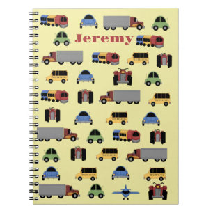 Treinen, vlaktes en auto's jongens monogram   notitieboek