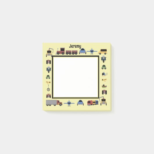 Treinen, vlaktes en auto's jongens monogram post-it® notes (Voorkant)