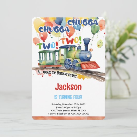 Treinfeestje 4e verjaardag kaart (Staand voorkant)