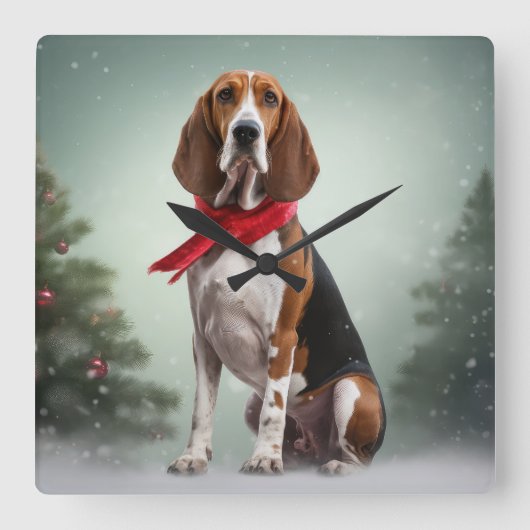 Treining Walker Coonhound Hond in Sneeuw Kerstmis Vierkante Klok (Voorkant)