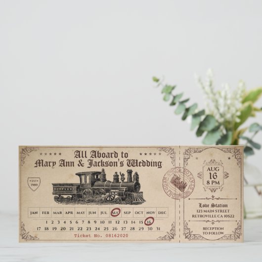 treinkaartje bruiloft uitnodiging (Staand voorkant)