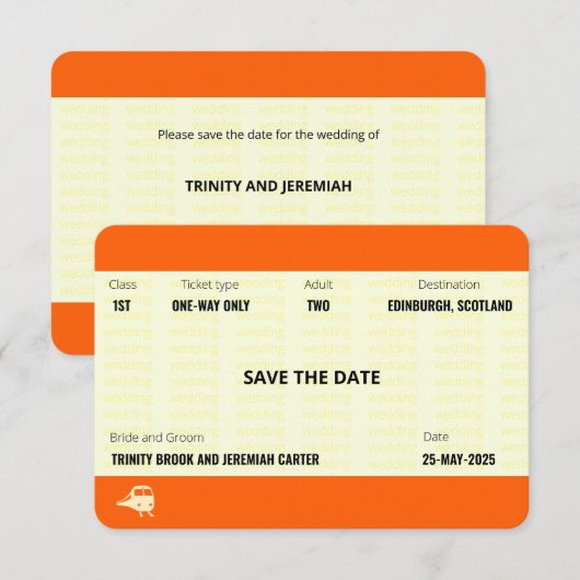 Treinkaartje geïnspireerd | Trouw Save the Date Kaart (Voorkant / Achterkant)