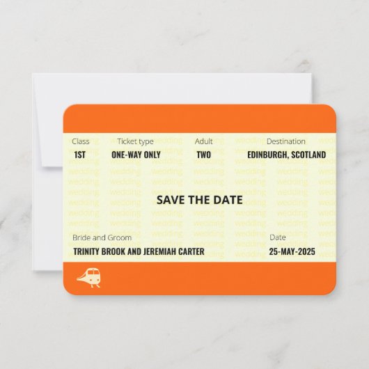 Treinkaartje geïnspireerd | Trouw Save the Date Kaart (Voorkant)