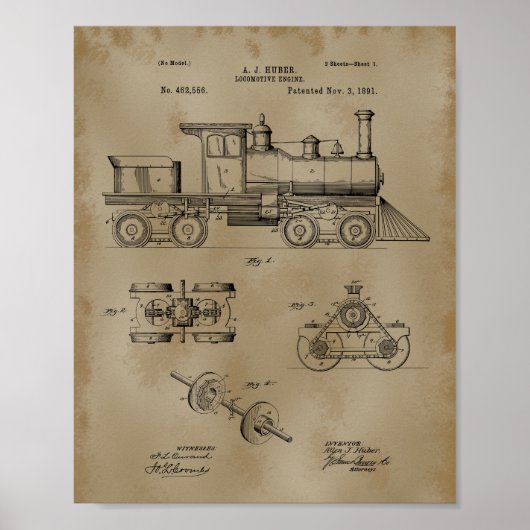 Treinlocomotief Patenttekening Poster (Voorkant)