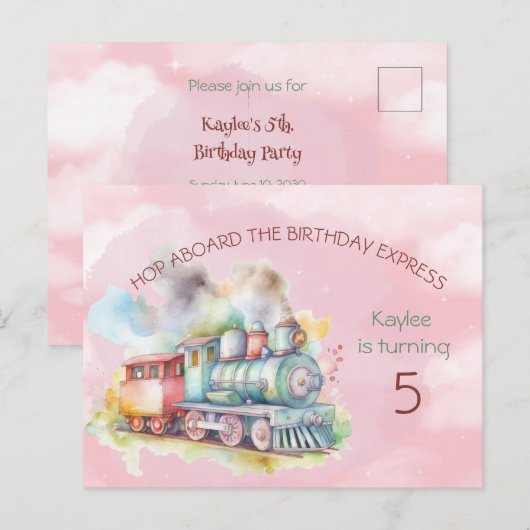 Treinmachinemisje 5e verjaardagsuitnodiging briefkaart (Voorkant / Achterkant)