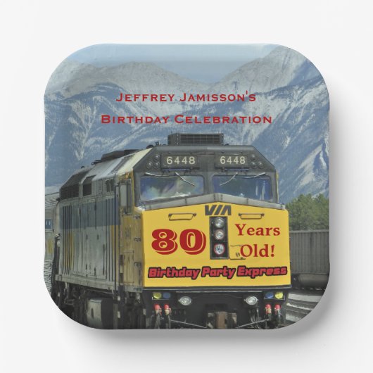 Treinmotor 80e verjaardag feestvierkant papieren bordje (Voorkant)