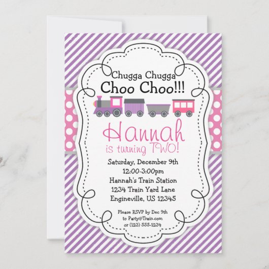 Treinmotor Paarse Streep Roze Polka Dot Verjaardag Kaart (Voorkant)