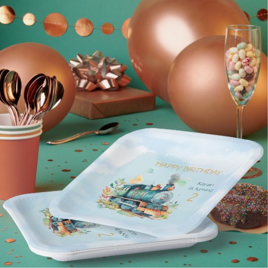Treinmotorjongen 2e. Birthday Papieren Bordje (Multi)