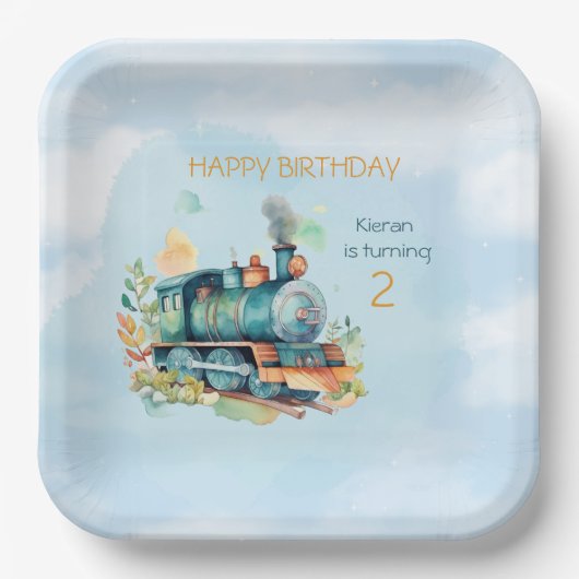 Treinmotorjongen 2e. Birthday Papieren Bordje (Voorkant)