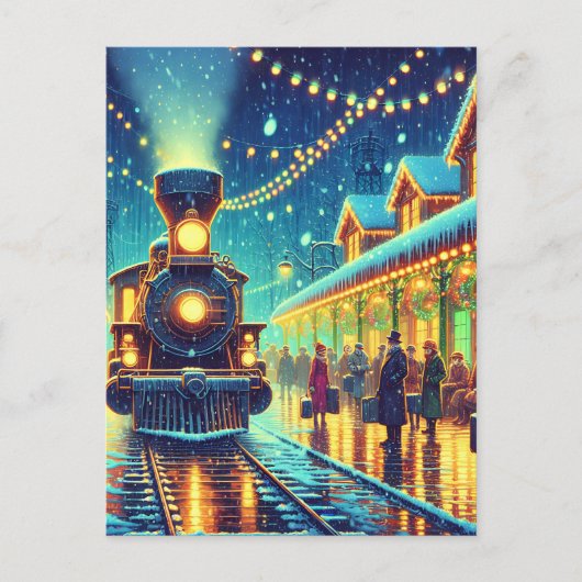  treinstation op kerstavond personaliseren briefkaart (Voorkant)