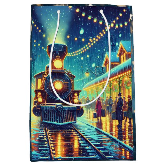  treinstation op kerstavond Snowy Night Medium Cadeauzakje (Voorkant)