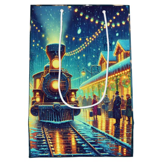  treinstation op kerstavond Snowy Night Medium Cadeauzakje (Achterkant)