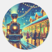 treinstation op kerstavond Snowy Night Ronde Sticker (Voorkant)