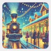  treinstation op kerstavond Snowy Night Vierkante Sticker (Voorkant)