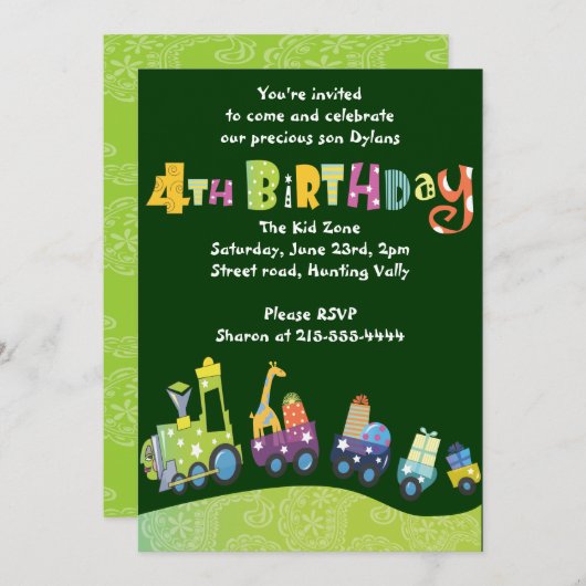 Treintrein 4e verjaardag Fijne vierde uitnodiging (Voorkant / Achterkant)