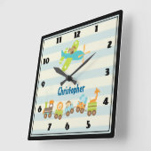 Treintrein en vliegtuig op Stripes Vierkante Klok (Hoek)