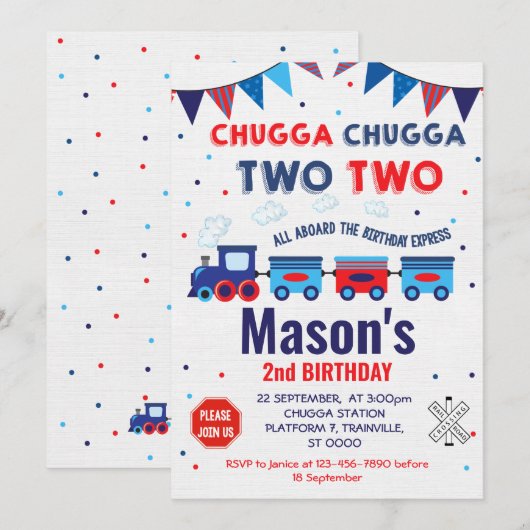 Treinuitnodiging, voor een jongen, 2e verjaardag kaart (Voorkant / Achterkant)