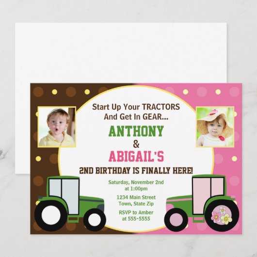 Trektor Joint Birthday Invitation Twin Invitation Kaart (Voorkant / Achterkant)