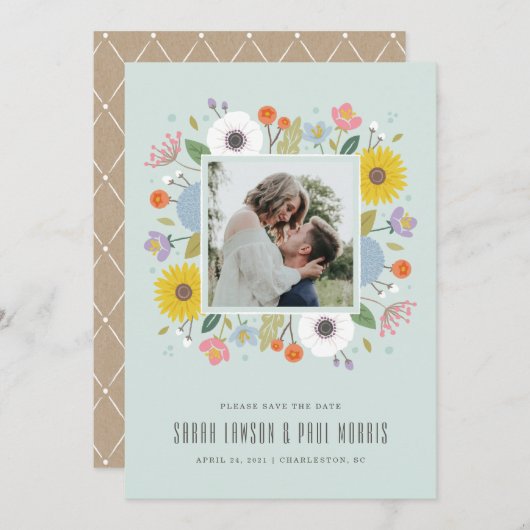 Trellis Bloem Frame Bewaar de Datum - Mint Groen Save The Date (Voorkant / Achterkant)