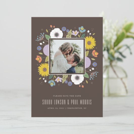 Trellis Flower Lijst Save the Date - Brown (Staand voorkant)