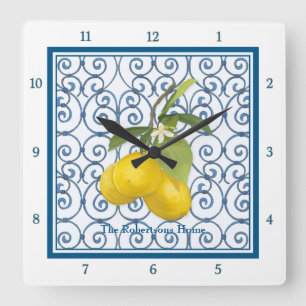 Trellis Scroll Lemon Branch Personalized Blue Vierkante Klok